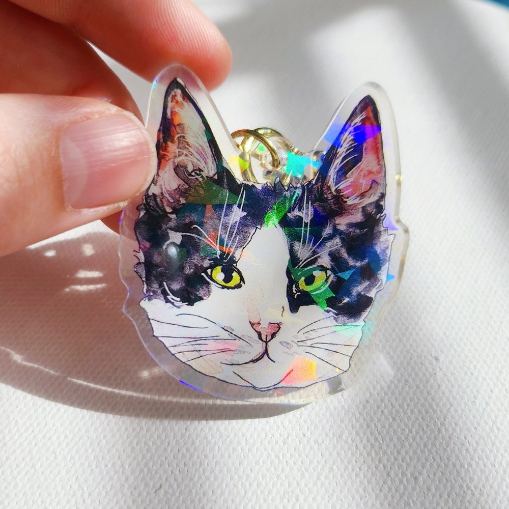 Black and White Tuxedo Cat Pet Keychain, Pet Memorial Keychain, Cat Keyring